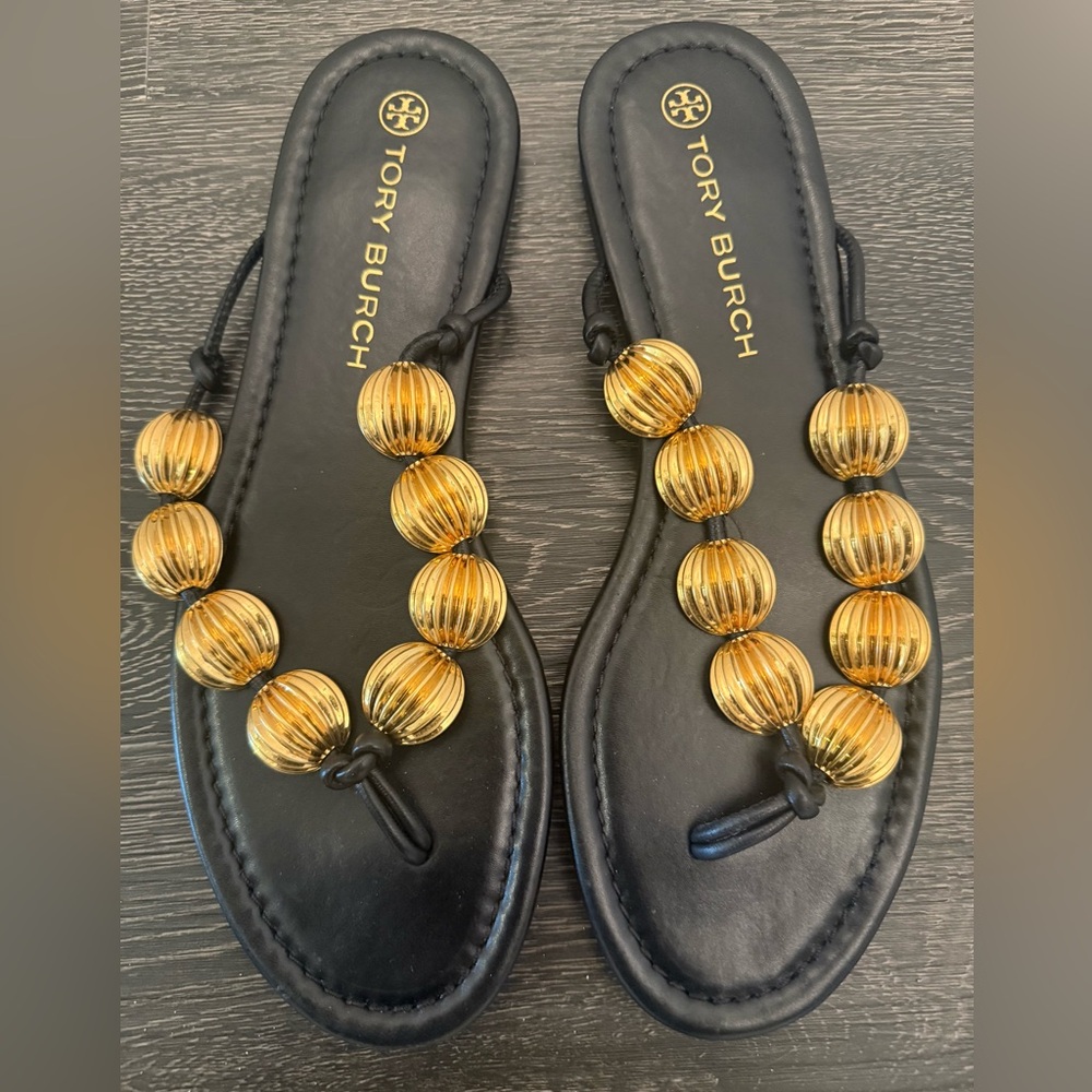 Tory Burch Capri Beaded Black Sandals with Gold Accents - Picture 3 of 7